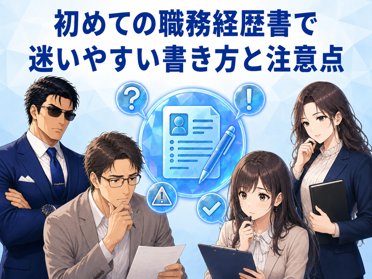 初めて職務経歴書を書く人向けの注意点を解説する画像。西暦・和暦の統一、退職理由・志望動機、倒産した会社の職歴、提出前の確認ポイントを紹介