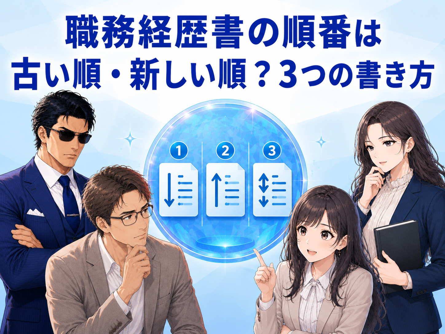 職務経歴書の職歴を古い順・新しい順のどちらで書くかを解説する画像。編年体式・逆編年体式・キャリア式の3つの書き方と時系列の順番を紹介