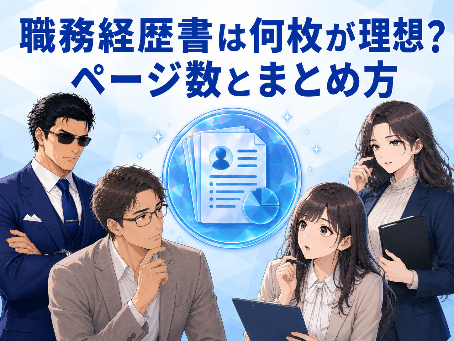 職務経歴書は何枚が理想かを解説する画像。2枚・3枚を基本としたページ数の目安や、業務内容・実績を箇条書きで簡潔にまとめる方法を紹介
