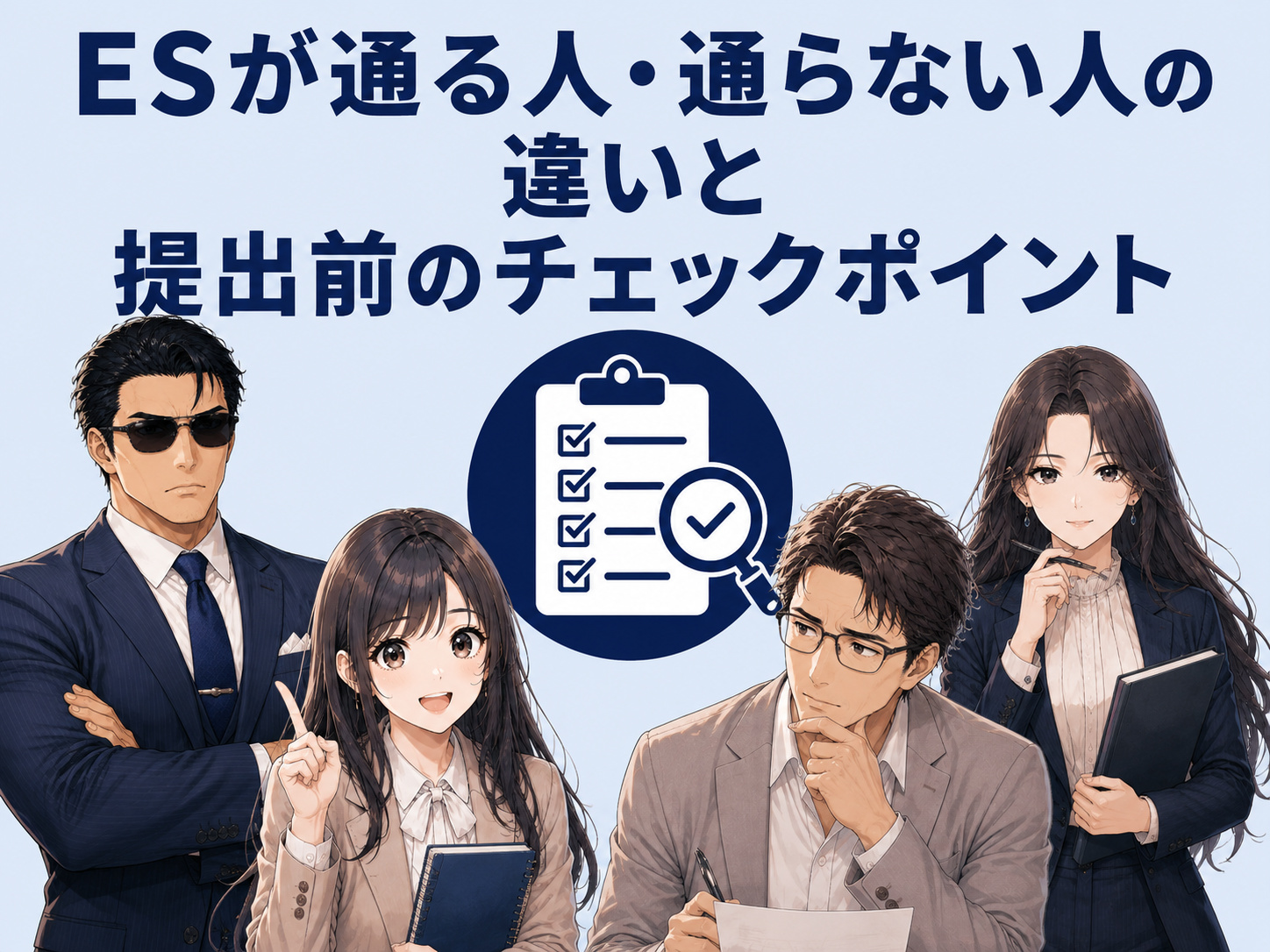 就活・新卒のESが通る人と通らない人の違いや理由を解説。自己PR・志望動機・ガクチカの一貫性、文字数や文体、誤字脱字など提出前に確認したいポイントが分かるイメージ画像