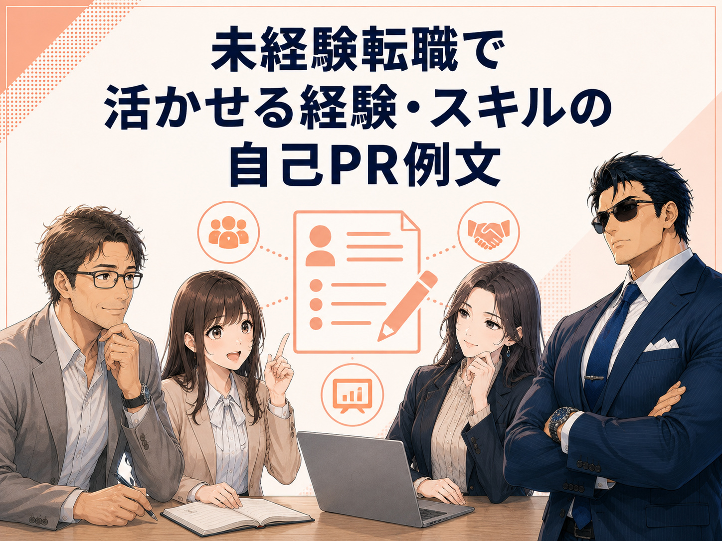未経験転職の自己PR例文を紹介。異業種・未経験職種でもこれまでの仕事で培った経験やスキルとの共通点を見つけ、応募先で活かせる強みとして伝える書き方を解説