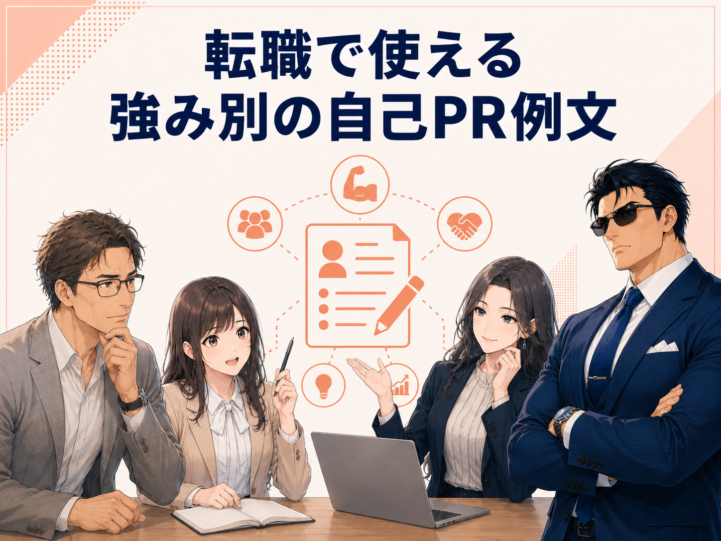 転職・中途採用で使える強み別の自己PR例文を紹介。責任感・正確性・計画性・協調性・傾聴力・気配り・行動力・提案力・問題解決能力のアピール方法を解説