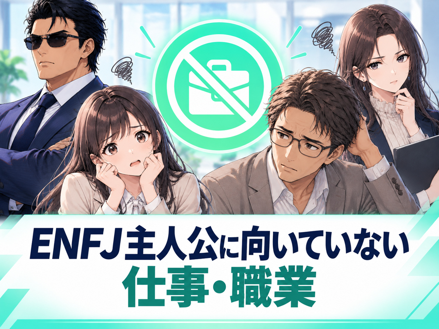 ENFJ主人公に向いていない仕事・職業の特徴として、一人作業や人間関係が希薄な環境、数字重視や単調な仕事との相性を解説する画像
