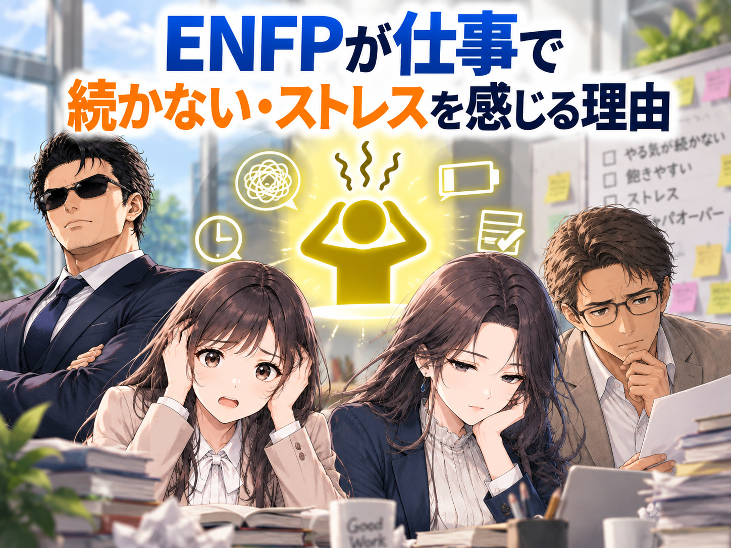 ENFPが仕事で続かない、飽きやすい、仕事したくないと感じる理由として、ルーティンワークや仕事の抱え込み、自由や裁量の少なさによるストレスを解説する画像