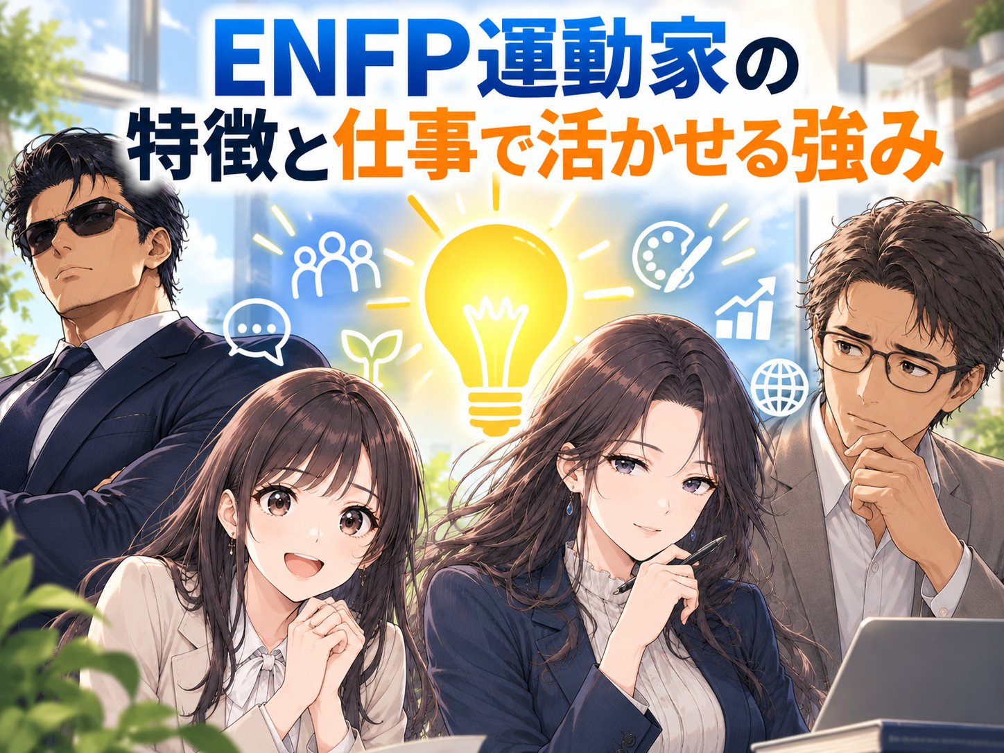 ENFP運動家の特徴である好奇心・発想力・コミュニケーション力・柔軟な行動力など、仕事で活かせる強みをキャリアギルドの4人が解説する画像