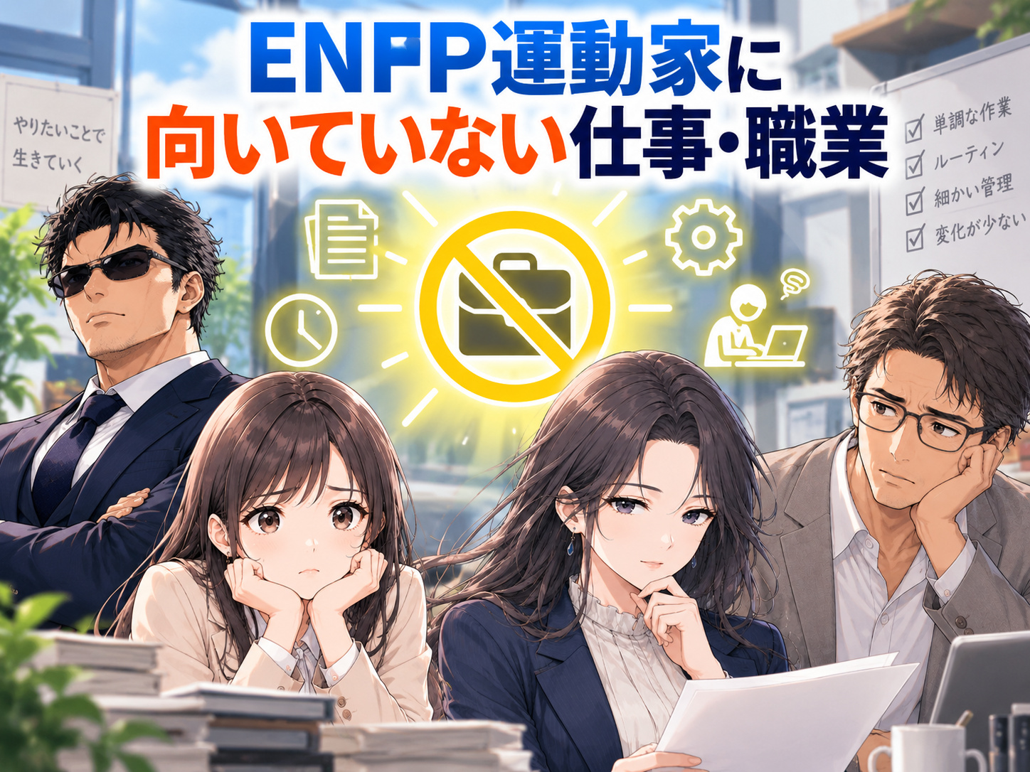 ENFP運動家に向いていない仕事・苦手な職業として、経理や工場のルーティンワーク、銀行員・公務員、研究職など相性を判断するポイントを解説する画像