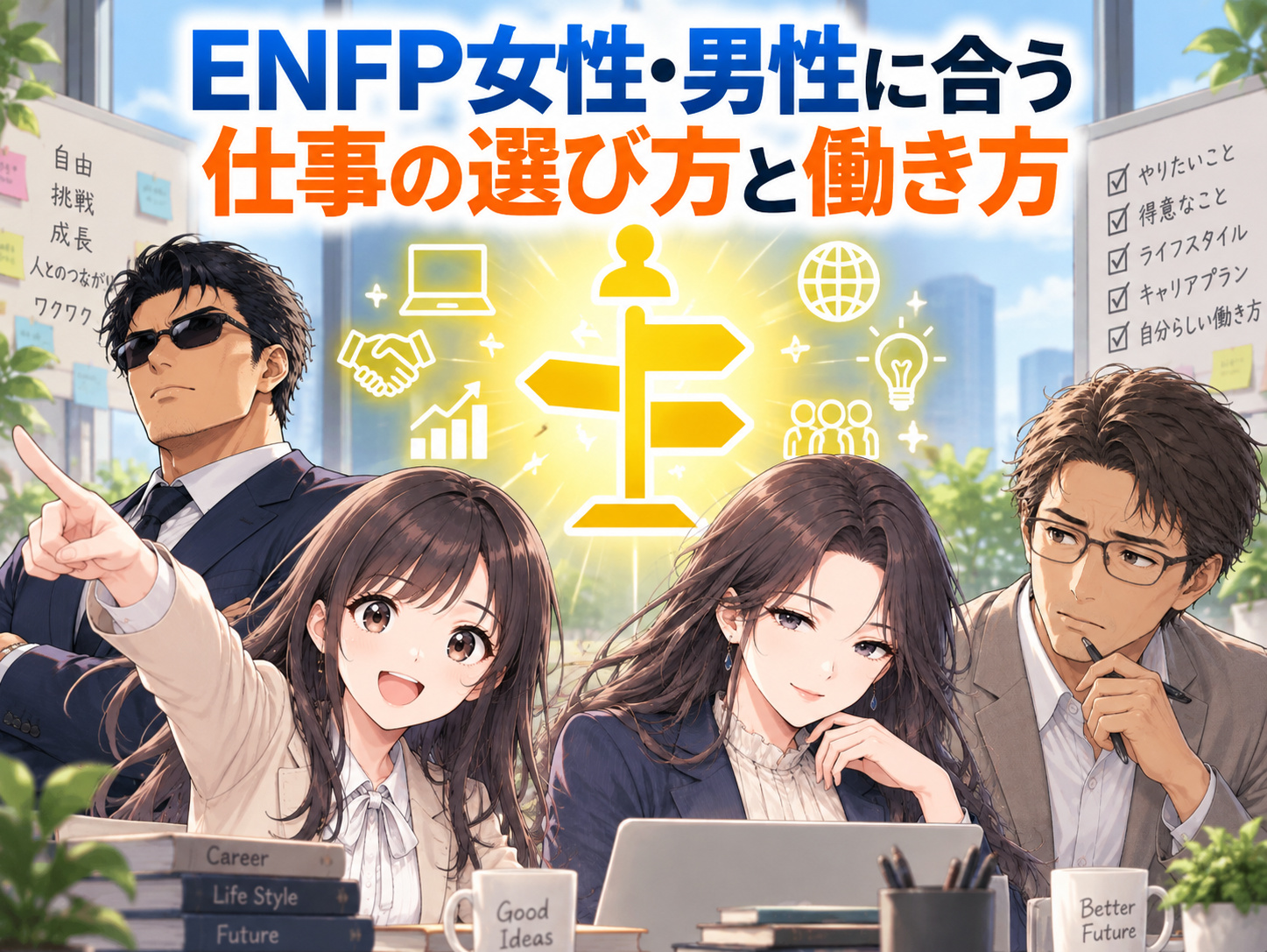 ENFP女性・男性に合う仕事の選び方を、発想力・対人力・行動力・自由度から解説し、就活・転職・在宅ワーク・フリーランスなど現実的な働き方を考える画像