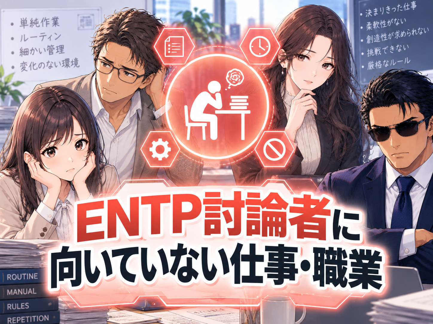 ENTP討論者に向いていない仕事・職業を紹介し、ルーティンワークや公務員など苦手になりやすい仕事・職場との相性を示す画像