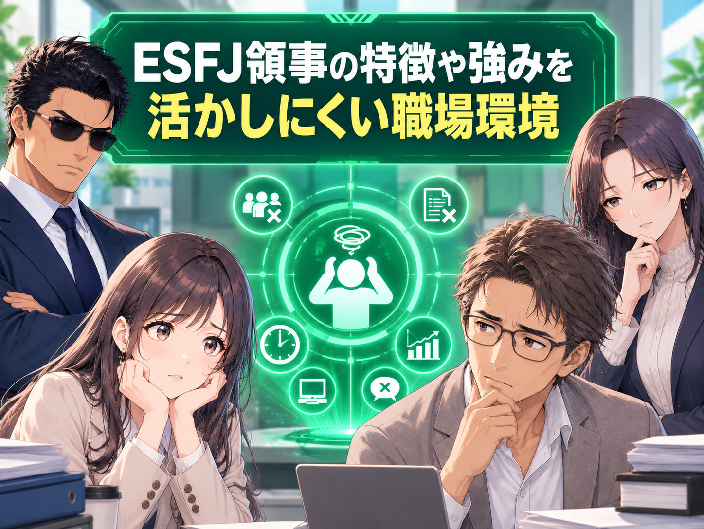 ESFJ領事の強みを活かしにくい職場環境を解説し、人間関係の孤立や感謝されない環境、気を遣いすぎることで感じる仕事のストレスを表した画像