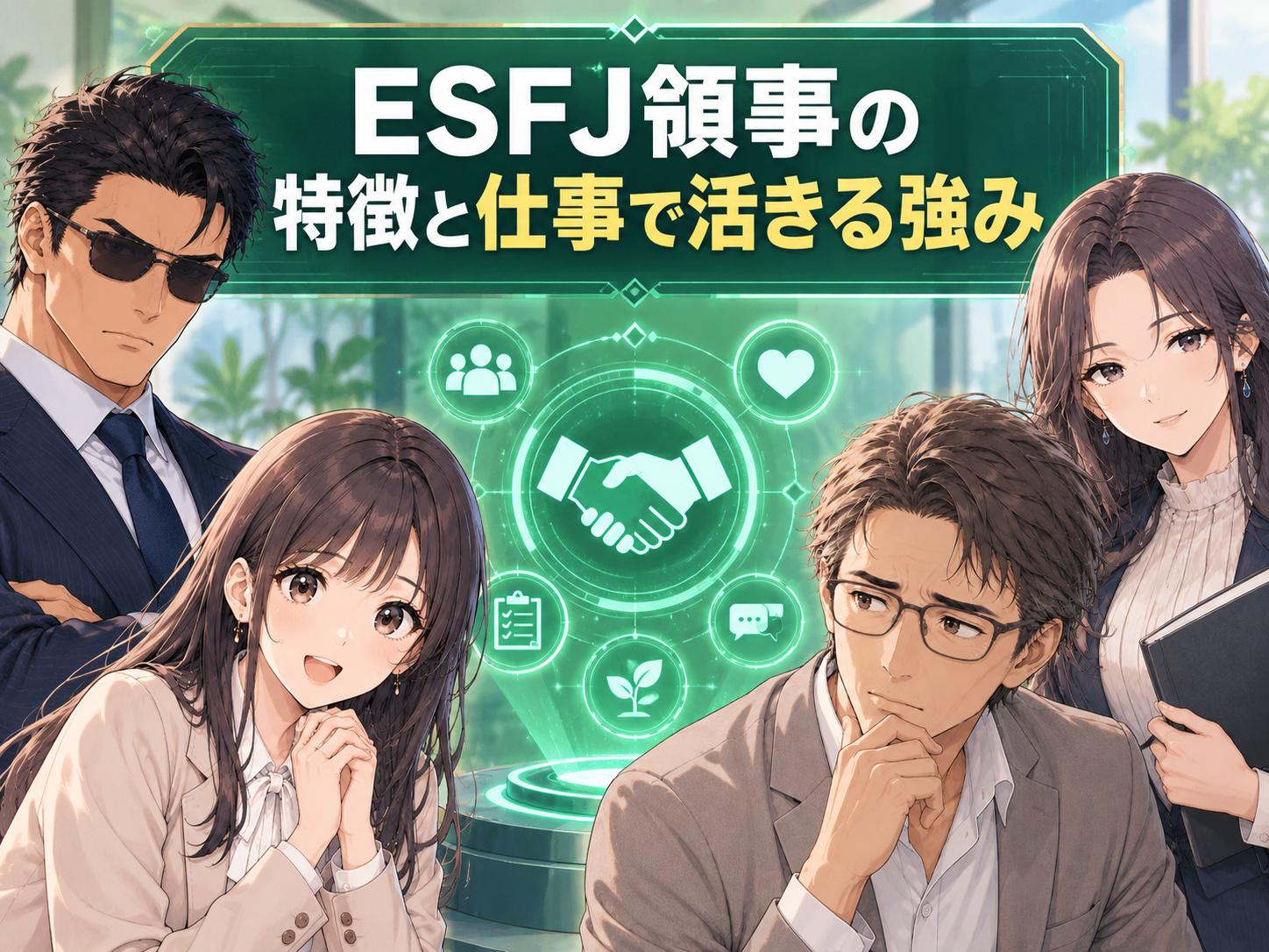 ESFJ領事の仕事で活きる強みを解説し、共感力・気配り・責任感・協調性・コミュニケーション能力を表したキャリアイラスト