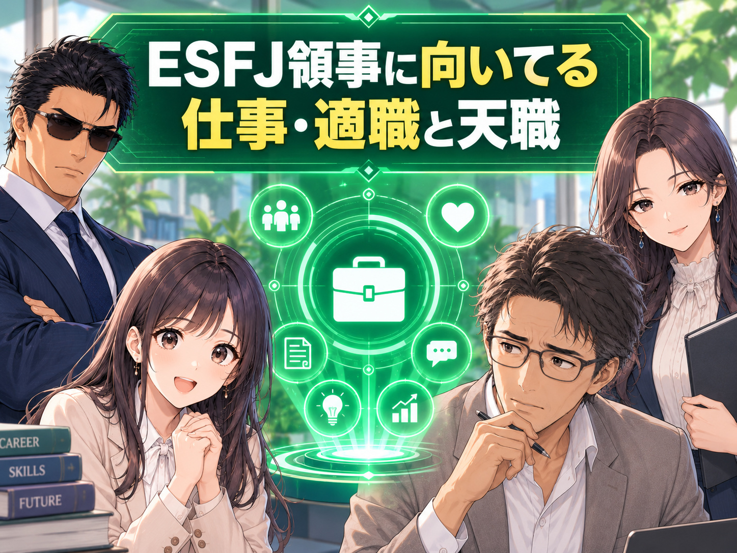 ESFJ領事に向いてる仕事・適職と天職を紹介し、看護師・保育士・人事・ルート営業など人と関わる職業や向いてる業界を表した画像