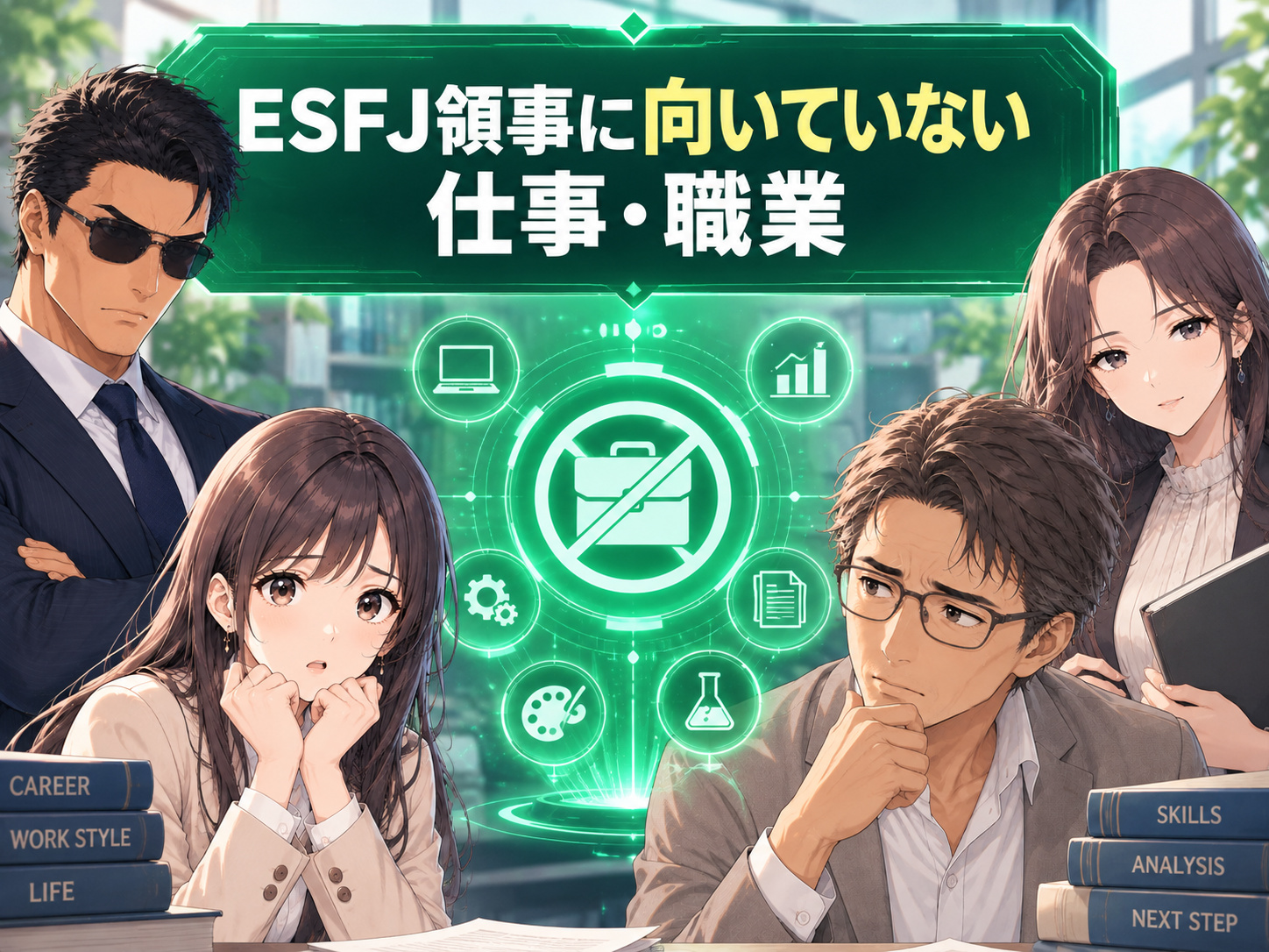 ESFJ領事に向いていない仕事・職業を解説し、研究職・プログラマーなど一人で黙々とする仕事や競争が激しい職場との相性を表した画像