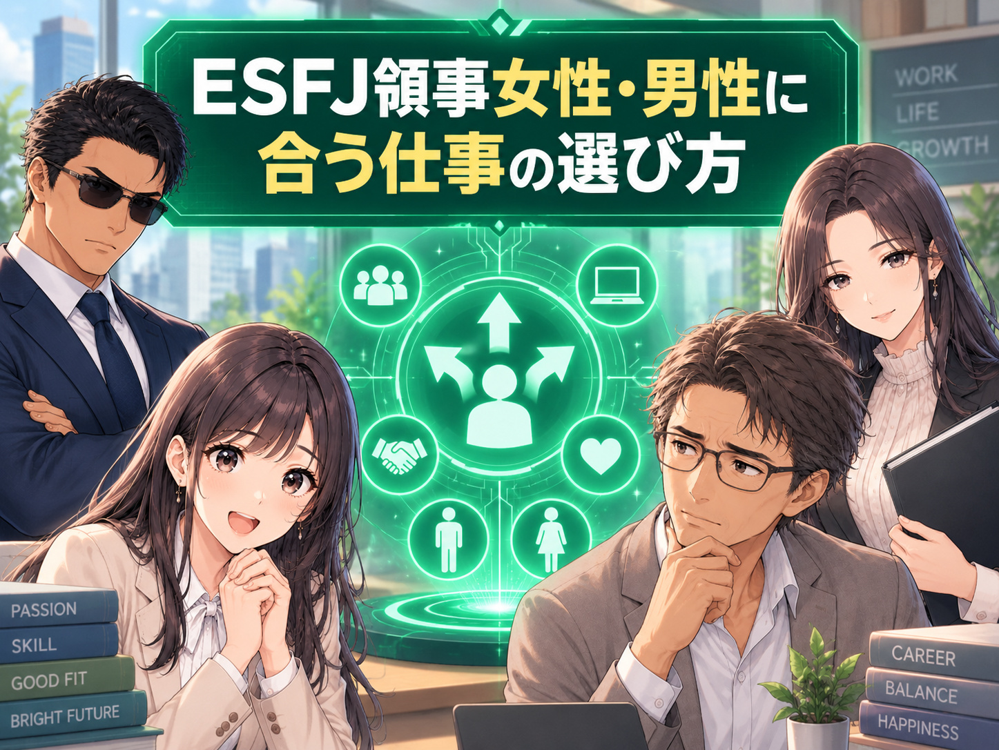 ESFJ女性・男性に合う仕事の選び方を解説し、性別による役割期待も踏まえて就活・転職で強みを活かせる職場を選ぶポイントを表した画像