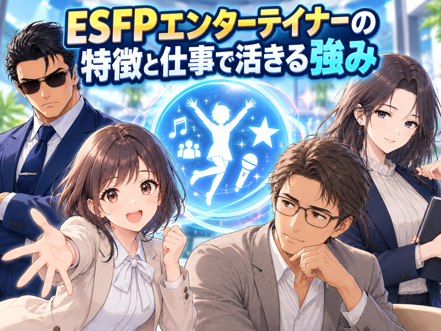 ESFPエンターテイナーの特徴である社交性・共感力・観察力・適応力・表現力・行動力など、仕事で活かせる強みを紹介する画像