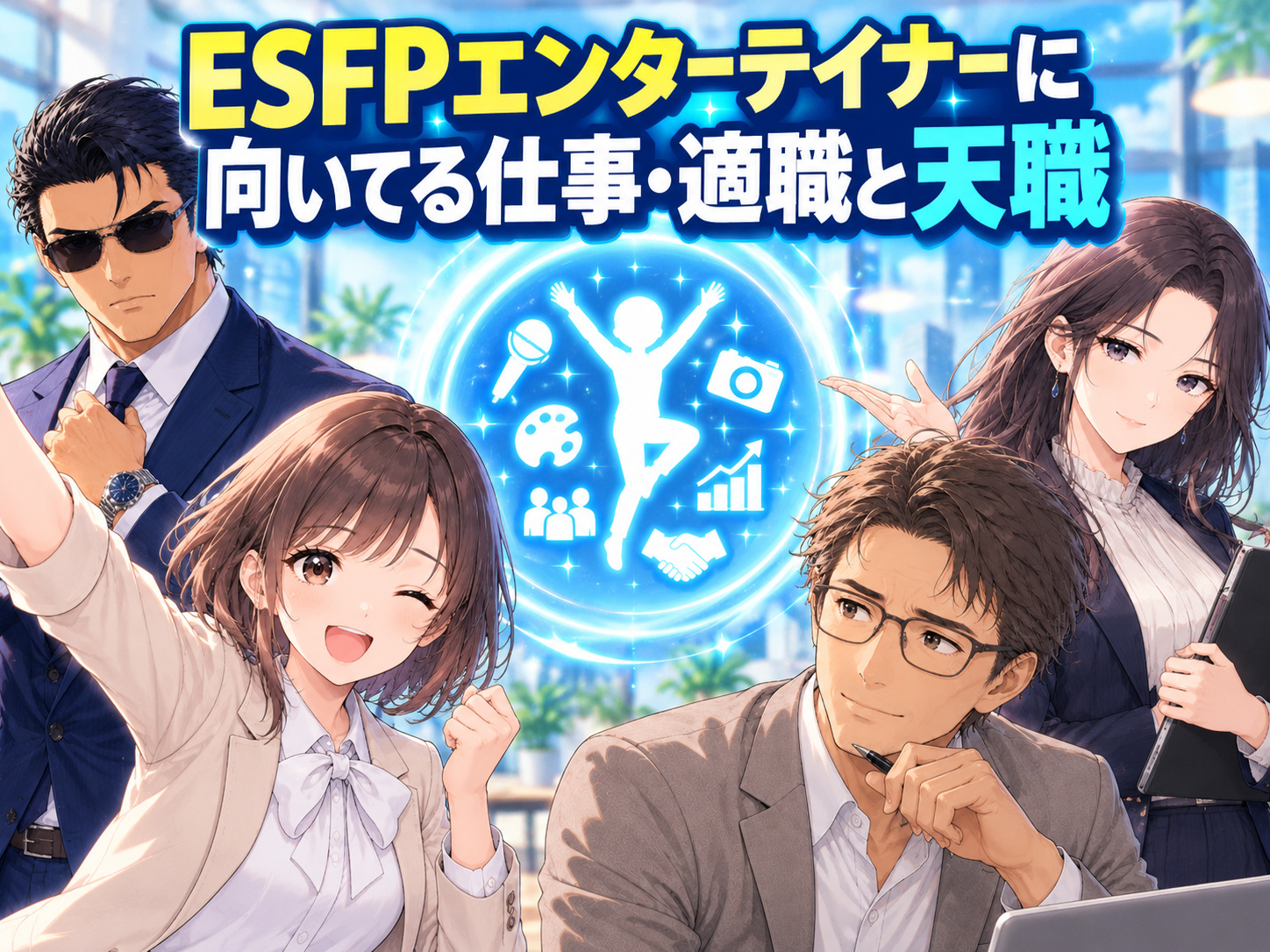 ESFPエンターテイナーに向いてる仕事・適職・天職として、接客・美容・ブライダル・観光・エンタメ・営業・教育・福祉などを紹介する画像
