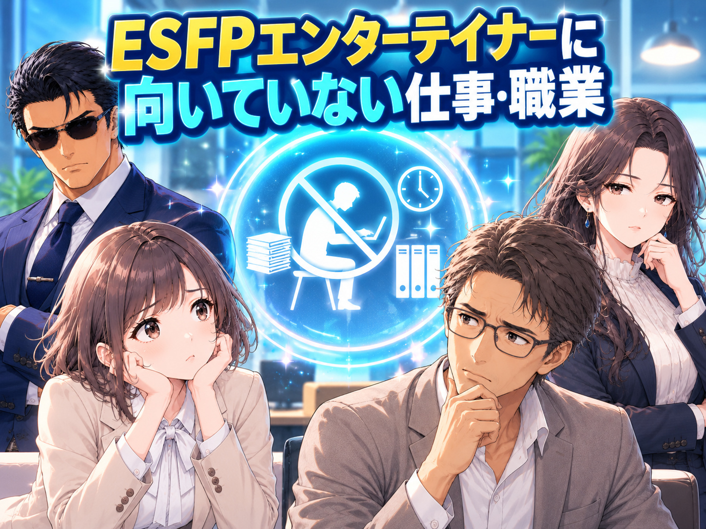 ESFPエンターテイナーに向いていない仕事・職業として、事務・データ入力・研究職・経理・プログラマーなど苦手を感じやすい仕事を紹介する画像