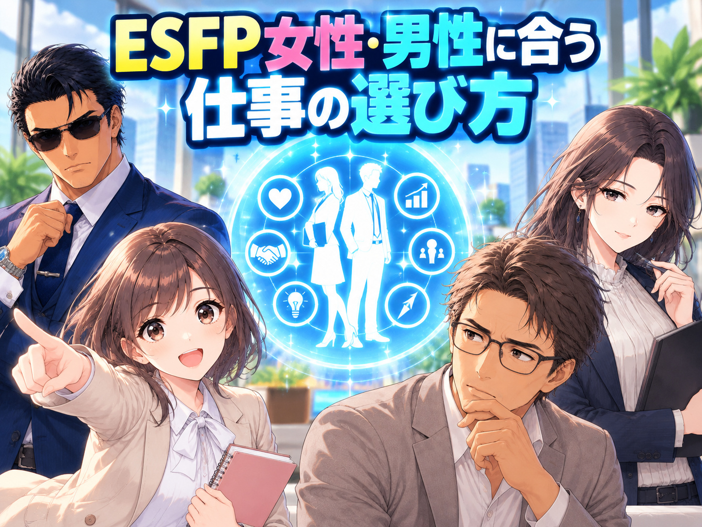 ESFP女性・男性に向いてる仕事の選び方として、対人力や表現力、強みや価値観、フリーランスを含む自分らしい働き方を紹介する画像