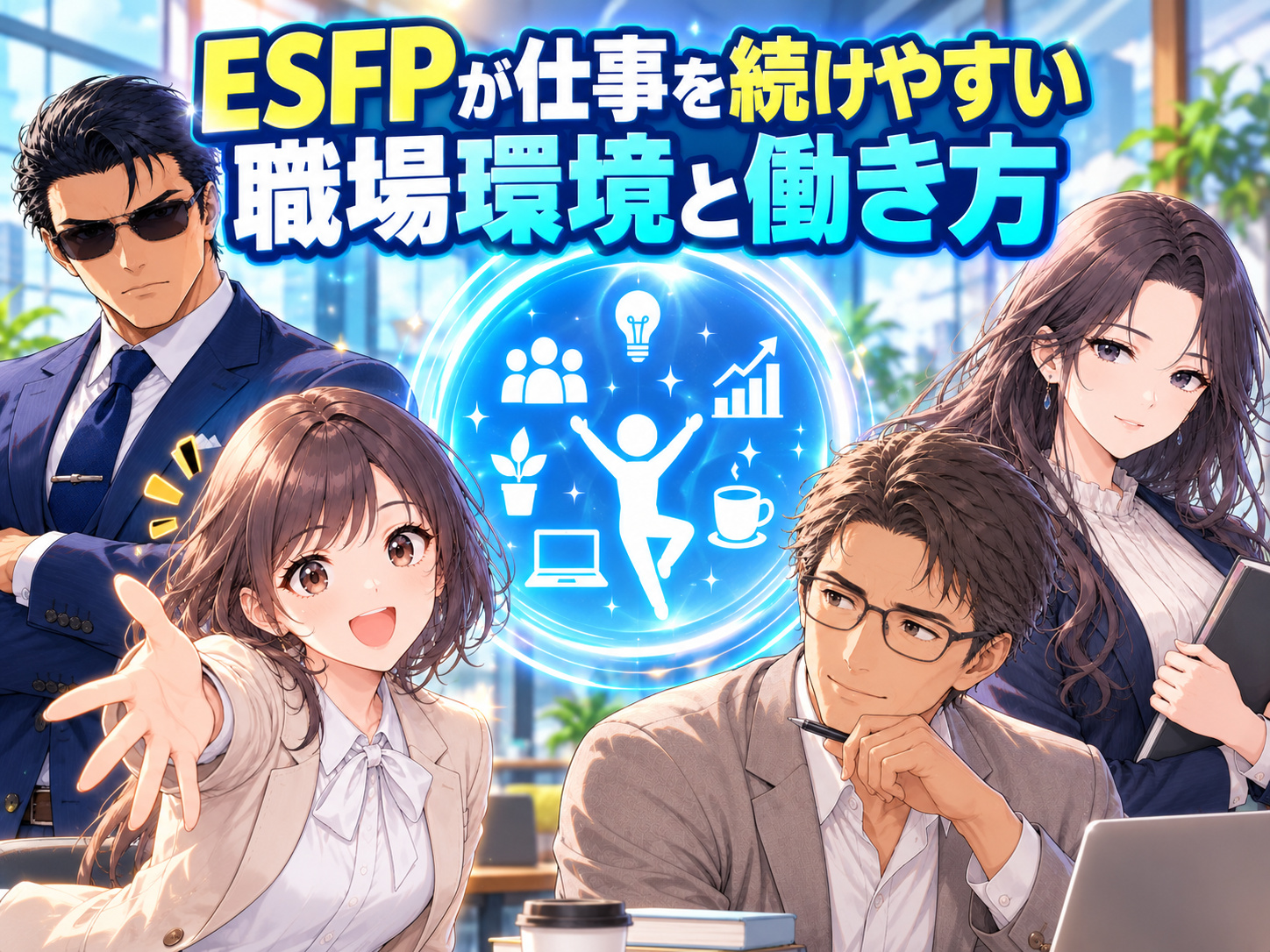 ESFPが仕事を長く続けやすい職場環境として、人との交流やチームワーク、変化や刺激、成果や達成感を得やすい働き方を紹介する画像