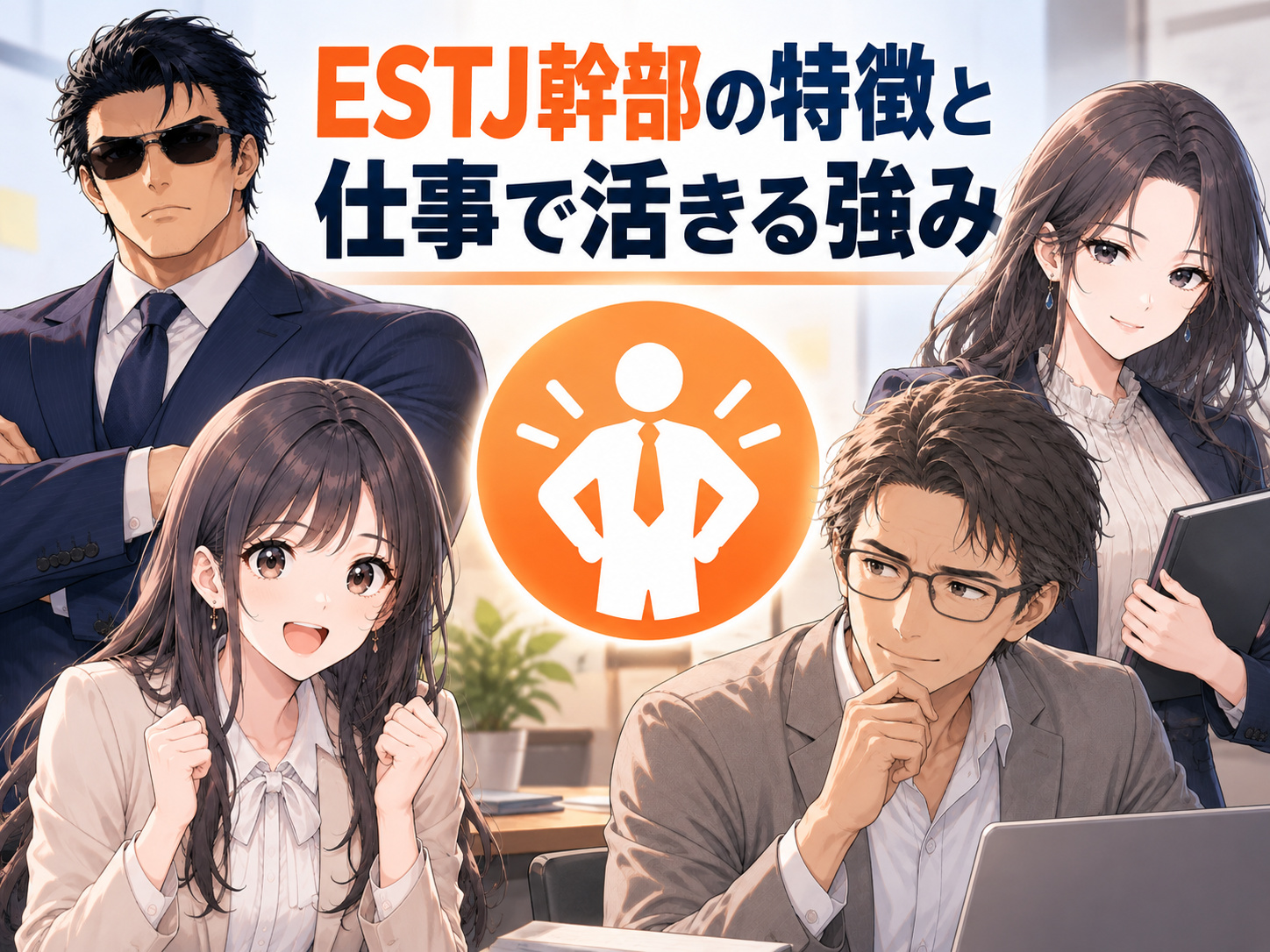 ESTJ幹部の特徴と仕事で活きる強みを解説し、判断力・実行力・計画性・責任感・リーダーシップやマネジメント能力を表現したキャリアギルドのイラスト