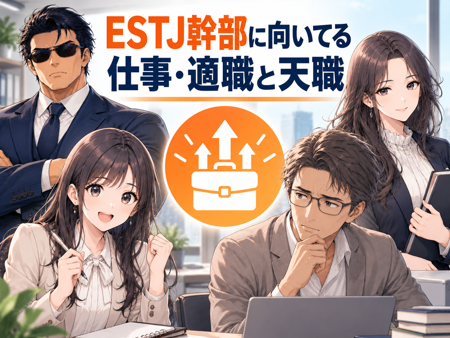 ESTJ幹部に向いてる仕事・適職・天職を紹介し、営業や管理職、公務員、銀行員、コンサル、生産管理など実行力や管理能力を活かせる職業を表現したイラスト