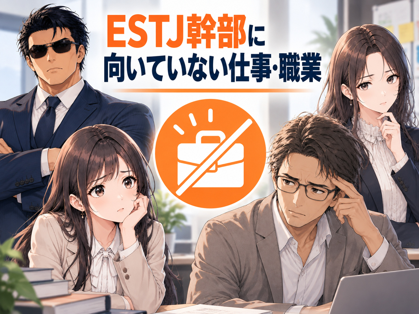 ESTJ幹部に向いていない仕事・職業を解説し、裁量が少ない仕事や正解が曖昧なクリエイティブ職、柔軟な感情対応が多い仕事との相性を表現したイラスト