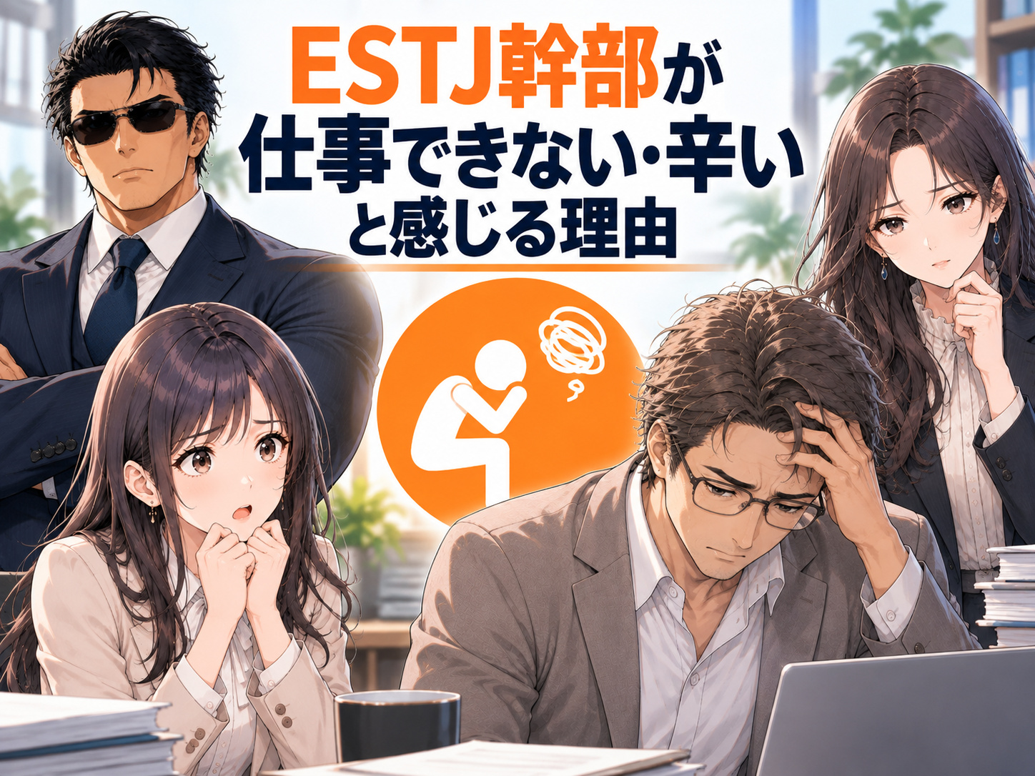 ESTJ幹部が仕事できない・辛い・疲れると感じる理由を解説し、強い責任感や効率重視、ルール意識、人間関係や変化によるストレスを表現したイラスト