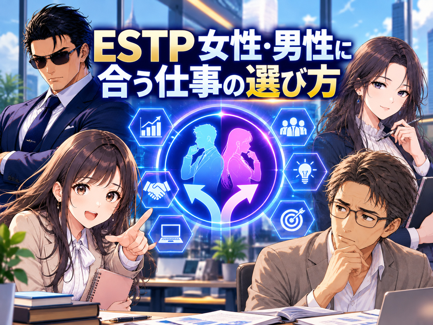 ESTP女性・男性に向いてる仕事の選び方と、行動力や実践力を活かせる仕事、起業・経営者・フリーランスという働き方を解説するイメージ