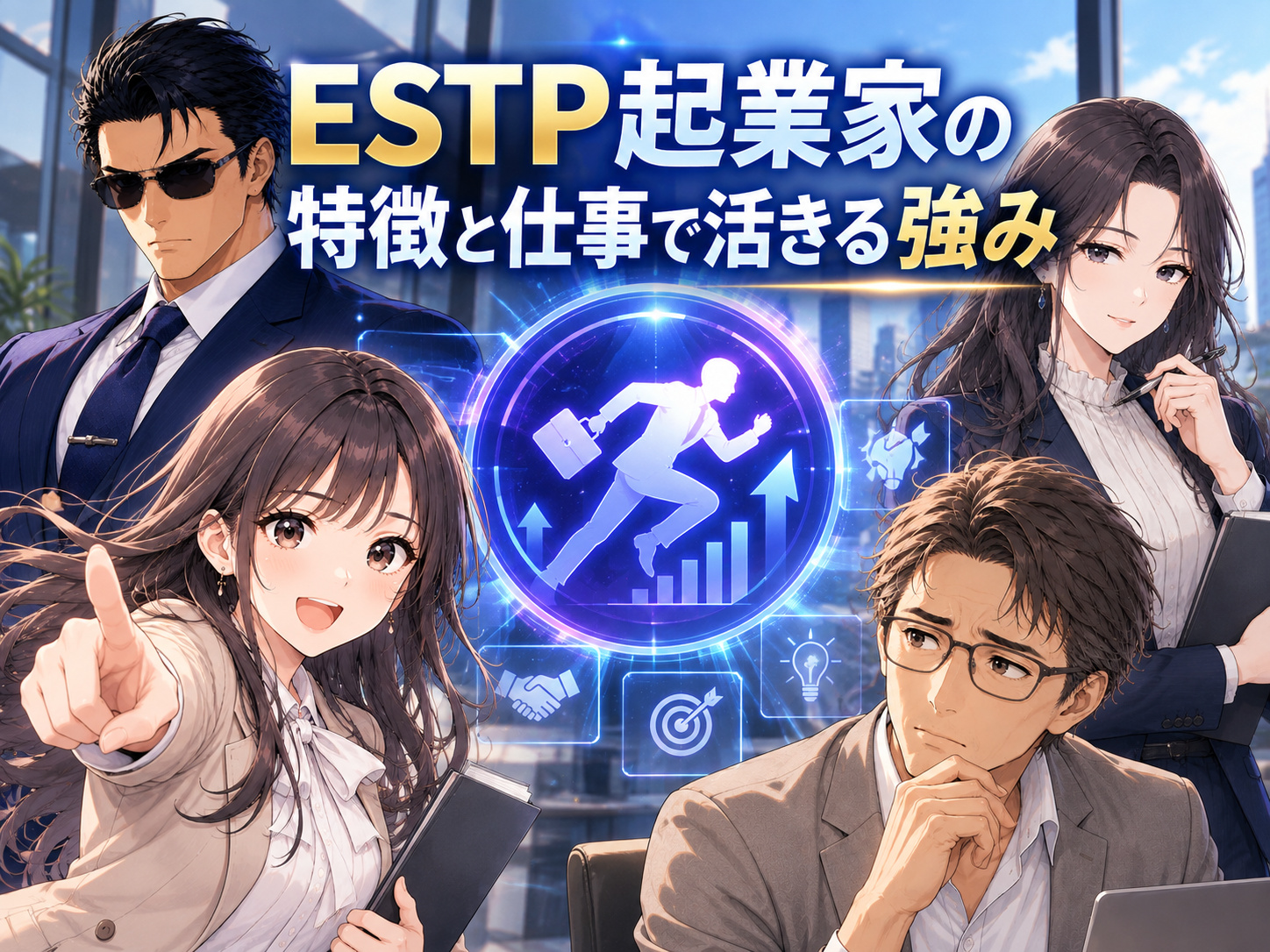 ESTP起業家の特徴と仕事で活きる強みを、行動力・決断力・観察力・臨機応変さ・社交性・交渉力から解説するイメージ