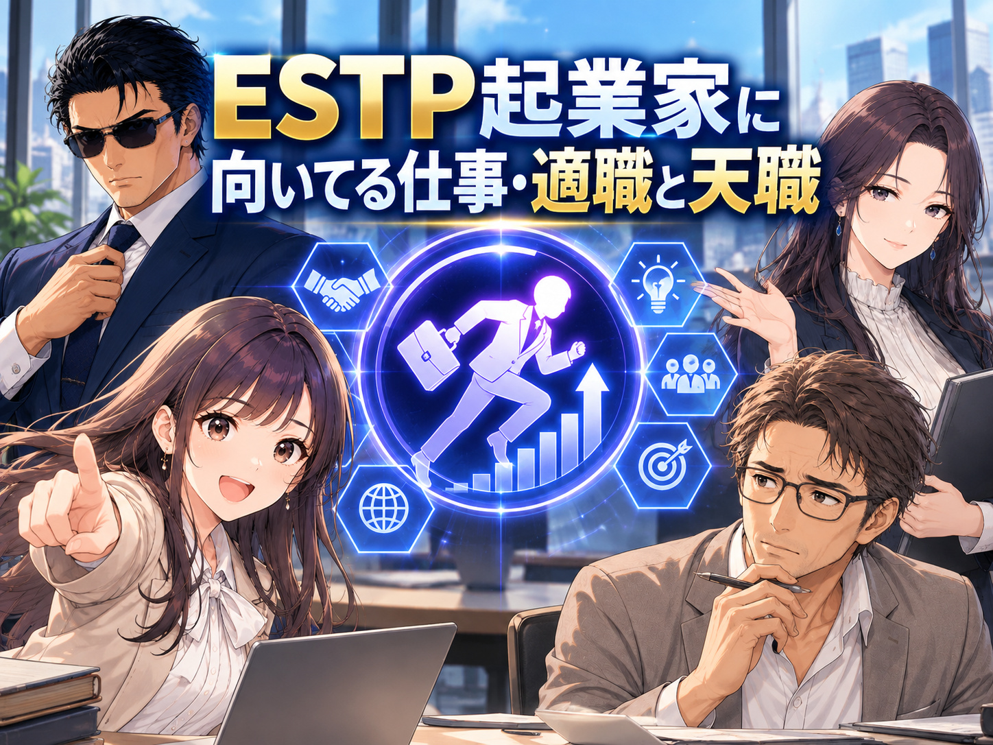 ESTP起業家に向いてる仕事・適職と天職を、営業・販売・接客・イベント・施工管理など強みを活かせる職業から紹介するイメージ