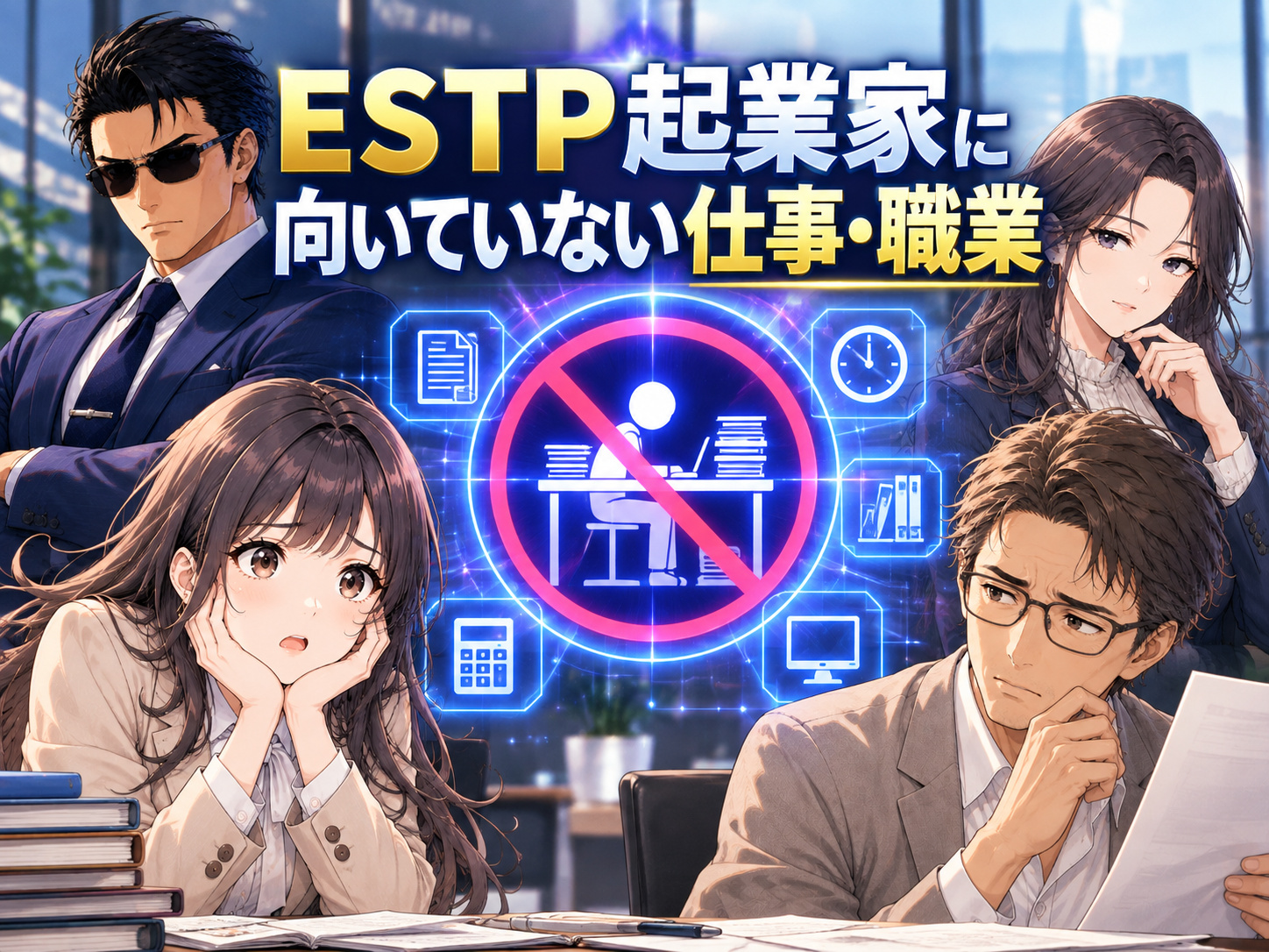 ESTP起業家に向いていない仕事・職業を、事務・経理・データ入力・研究職など単調なルーティンワークとの相性から解説するイメージ