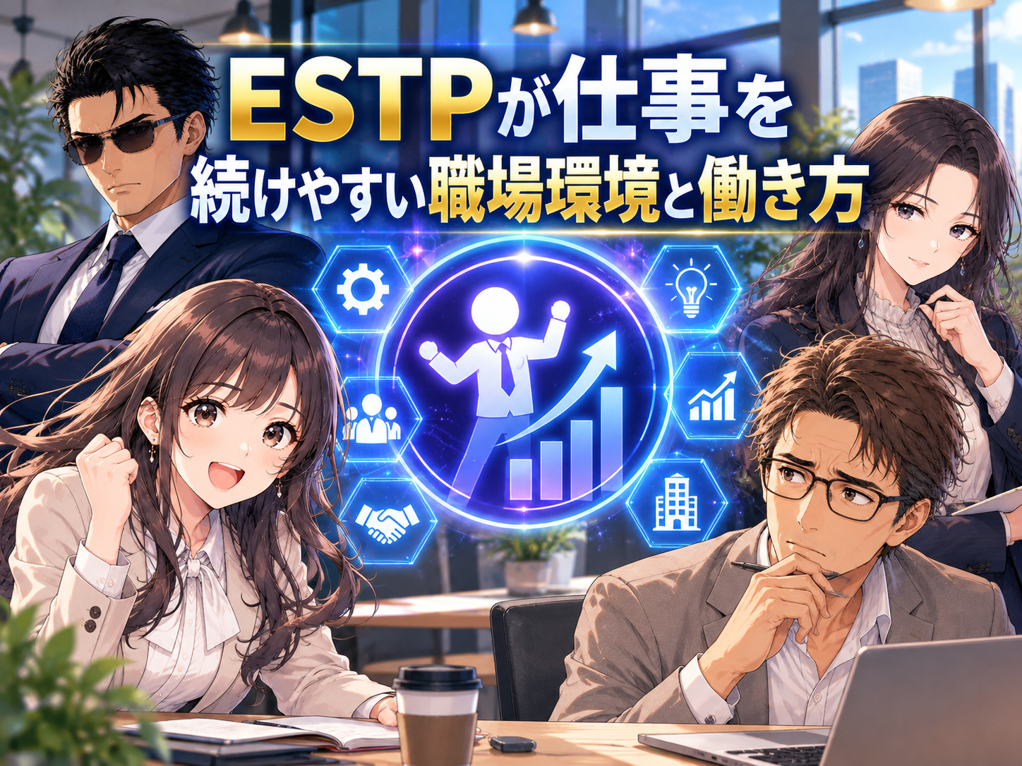 ESTPが仕事を続けやすい職場環境と働き方を、変化や刺激、成果主義、スピード感、裁量などESTPの強みを活かせる条件から解説するイメージ