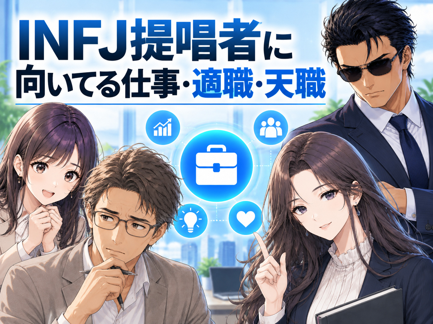INFJ提唱者に向いてる仕事・適職・天職を紹介するイメージ。心理・福祉・教育の対人支援から研究職、エンジニア、クリエイティブまで解説