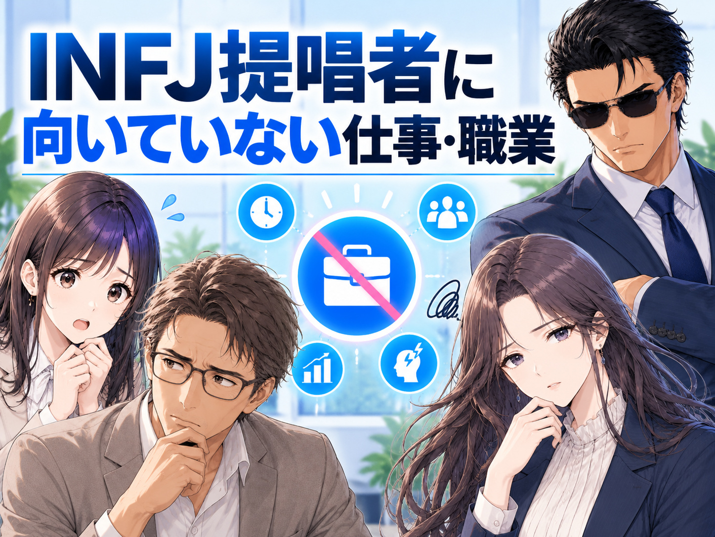 INFJ提唱者に向いていない仕事や苦手な職業を解説するイメージ。ノルマや数字の競争、マルチタスク、騒がしい職場など仕事が続かない原因を紹介
