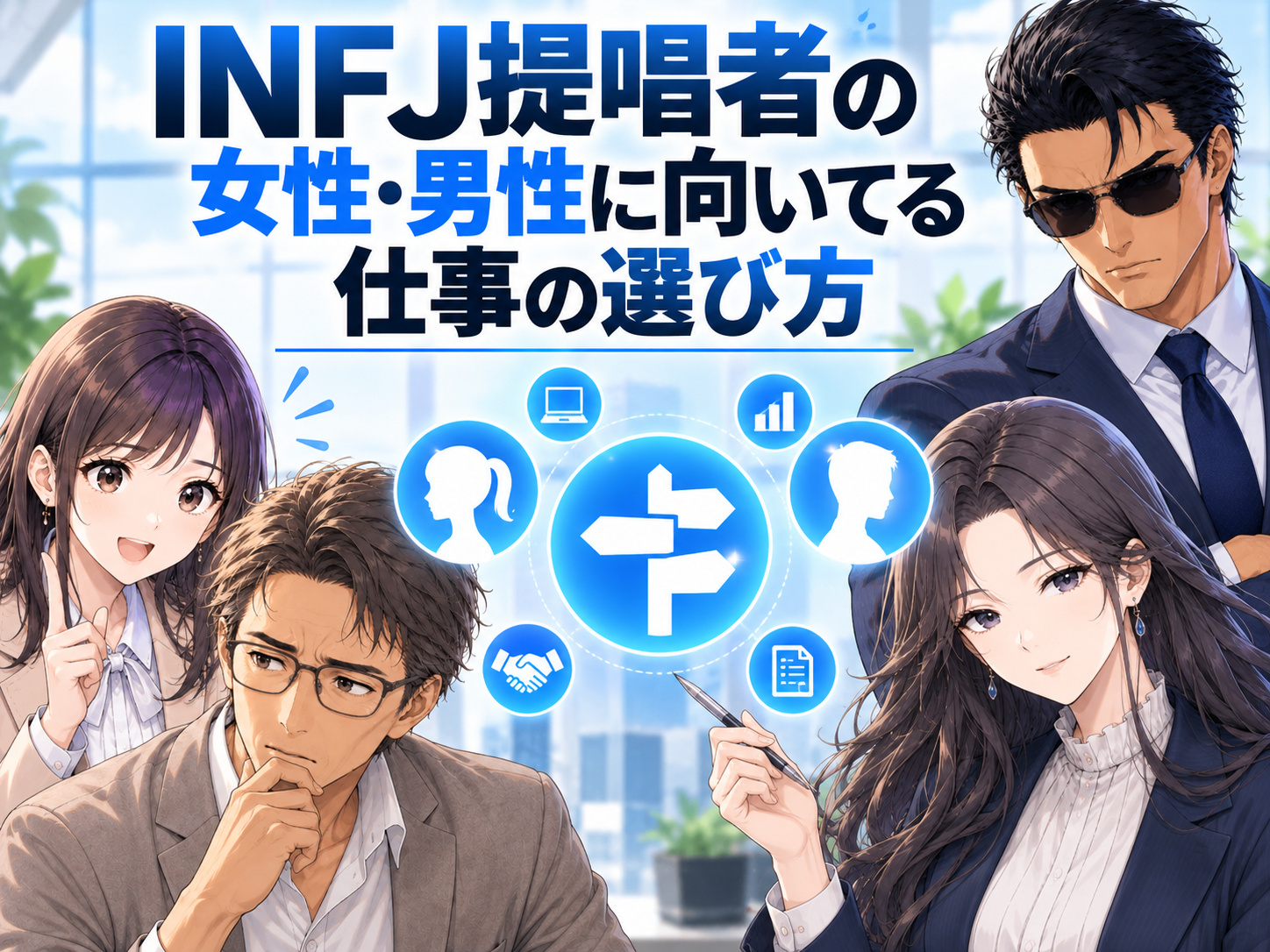 INFJ女性・男性に向いてる仕事の選び方を解説するイメージ。MBTIだけで決めず、強みや経験、仕事内容、職場環境から自分に合う適職を考える方法