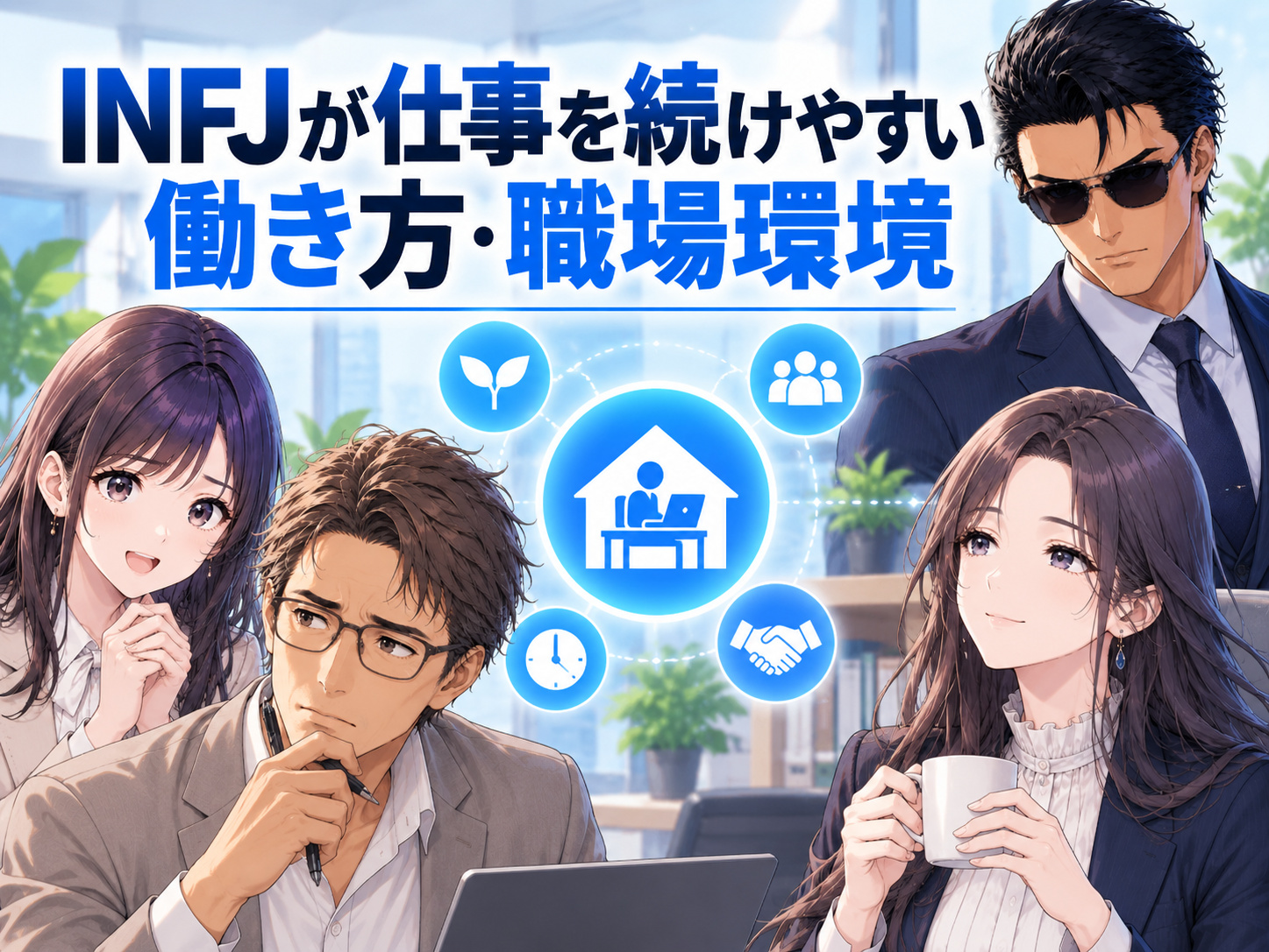 INFJが仕事を続けやすい働き方と職場環境を解説するイメージ。在宅ワークや一人で集中できる仕事、競争や騒がしさを抑えた働き方のポイント