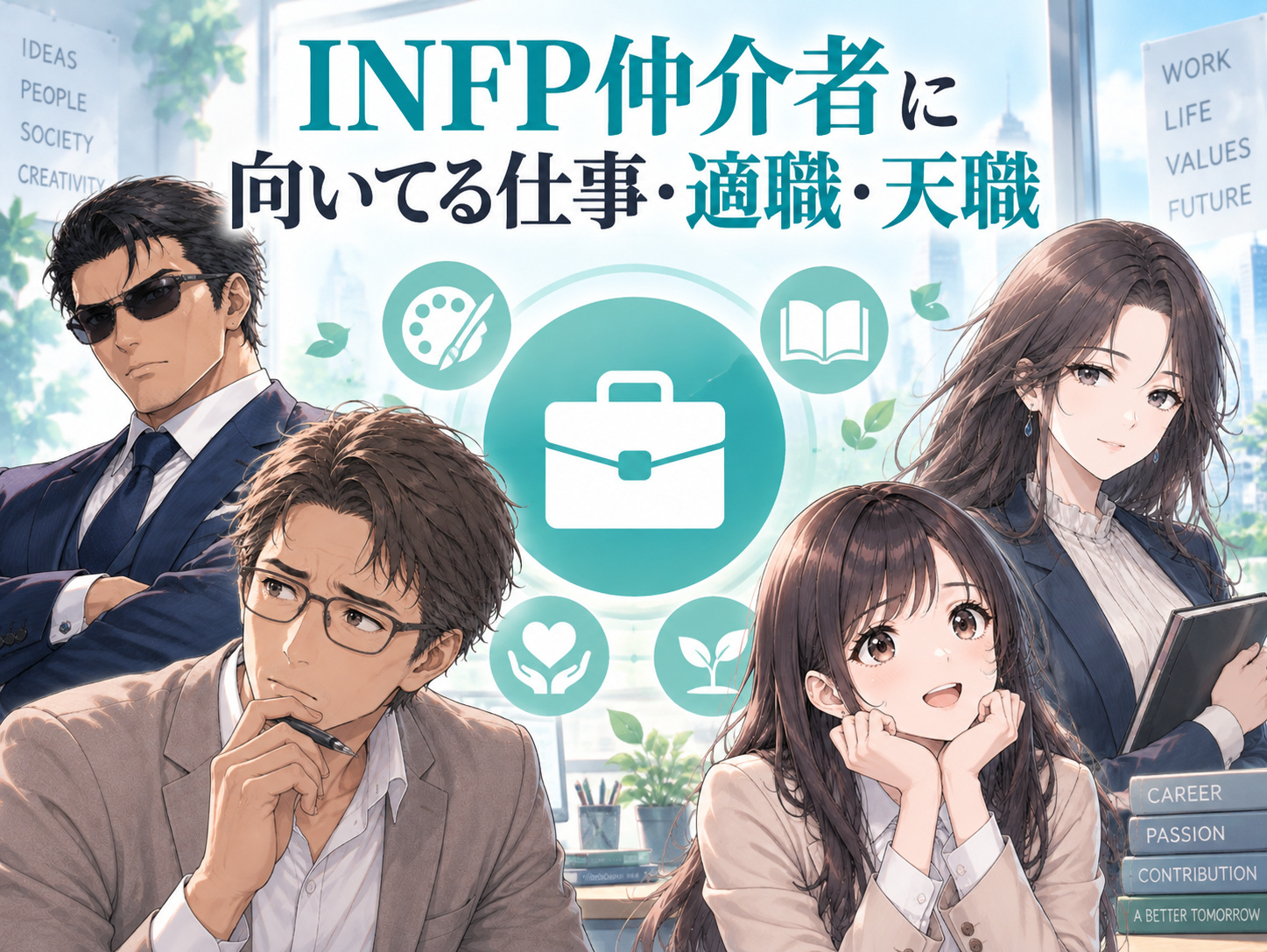 INFP仲介者に向いてる仕事・適職・天職を紹介する画像。WEBライターやデザイナーなどのクリエイター、心理カウンセラーなどの対人支援職、一人でできる仕事や専門職を解説
