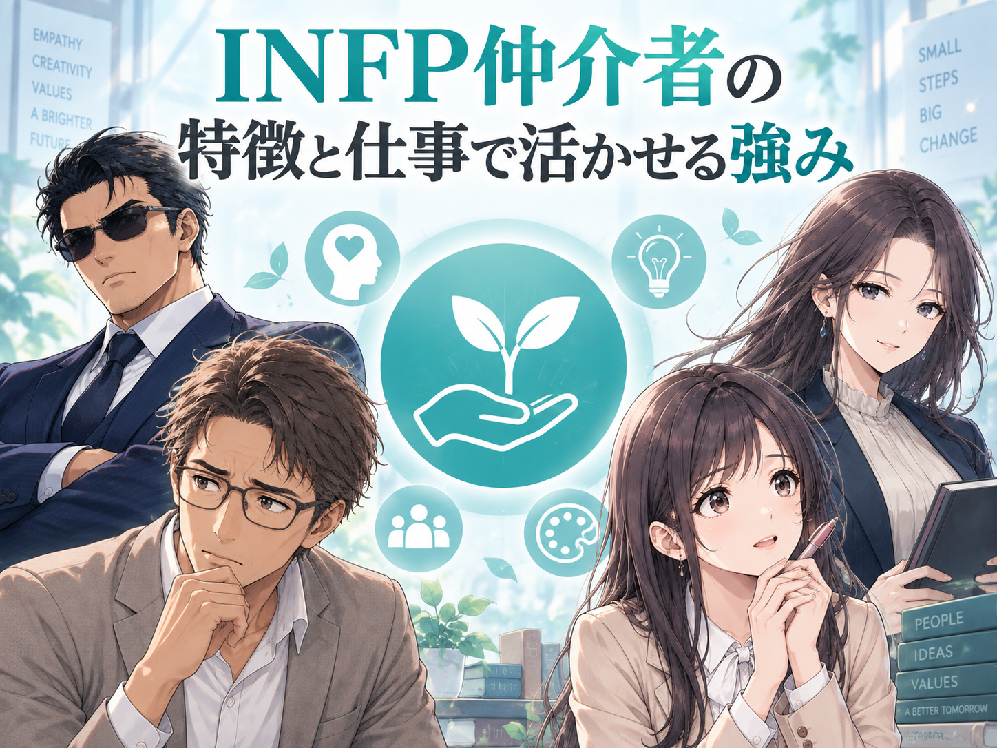 INFP仲介者の特徴と仕事で活かせる強みを解説する画像。価値観や共感力、想像力などINFPが仕事できる強みと、クリエイティブや対人支援など相性の良い仕事の特徴を紹介