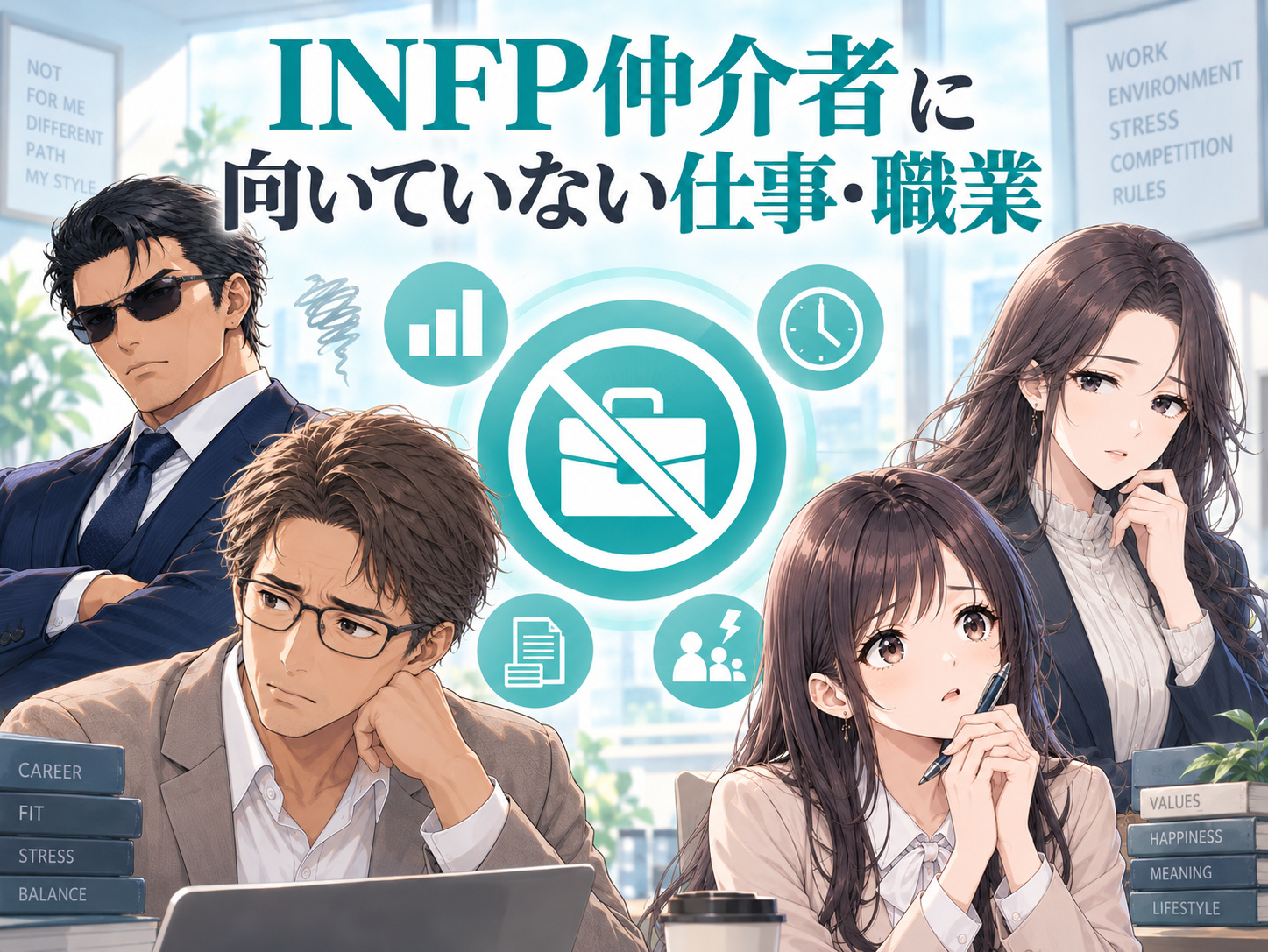 INFP仲介者に向いていない仕事・職業を解説する画像。ノルマや数字、競争、厳しい上下関係、単純作業など、INFPが仕事を続けにくい職場や会社員として苦手になりやすい環境を紹介