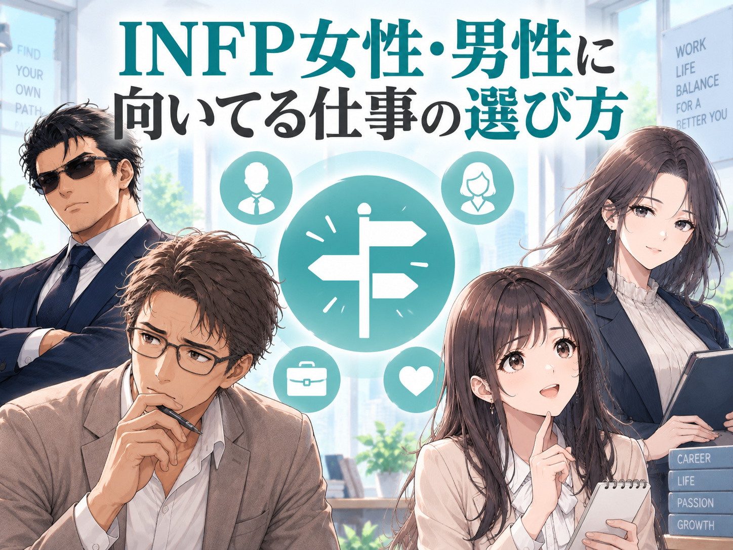 INFP女性・男性に向いてる仕事の選び方を解説する画像。好きなことや価値観、得意分野、仕事の相性を整理し、MBTIだけで決めず現実的な適職ややりたい仕事を見つけるポイントを紹介