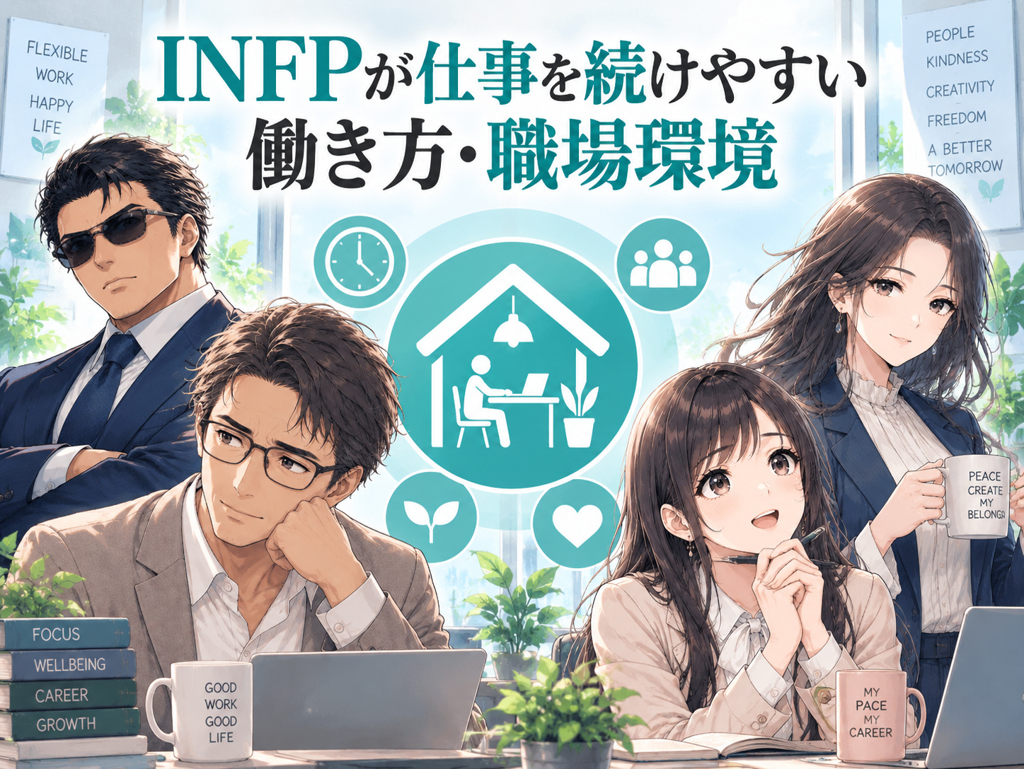 INFPが仕事を続けやすい働き方・職場環境を解説する画像。在宅・リモートワークやフリーランス、一人でできる自由な仕事など、INFPが仕事を続けやすく強みを活かせる環境を紹介