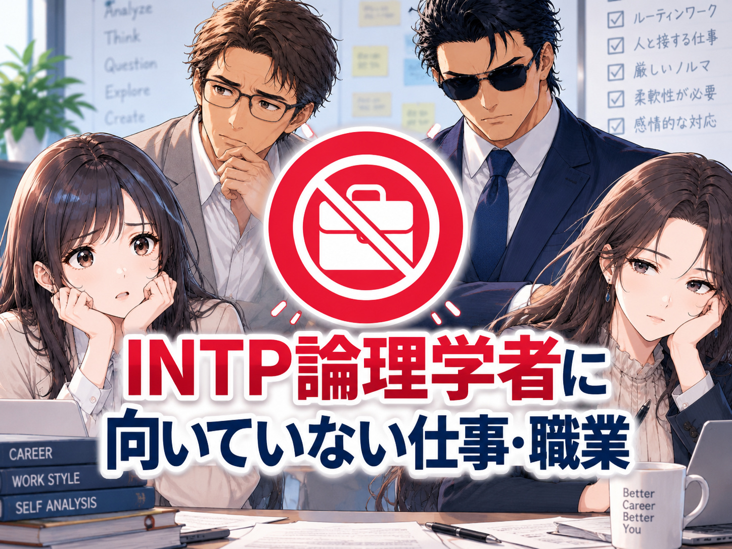 INTP論理学者に向いていない仕事・向いてない仕事を紹介し、営業・事務職・コールセンターなど苦手になりやすい職業との相性を解説