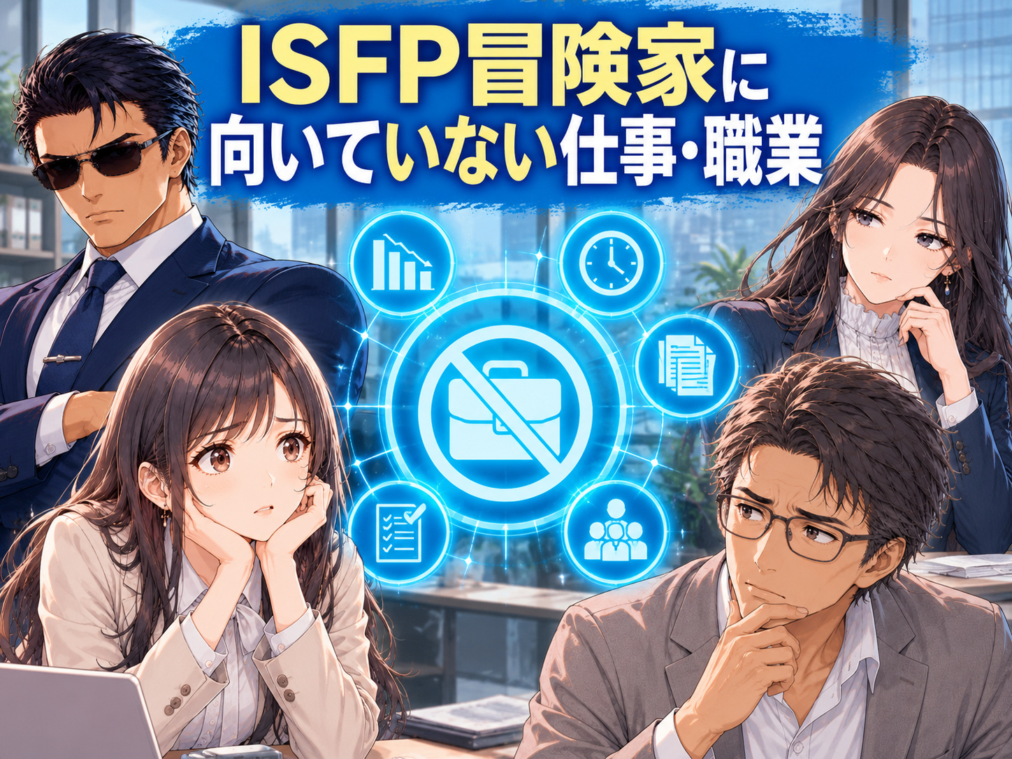ISFP冒険家に向いていない仕事・職業を、営業などノルマや競争が激しい仕事、管理職、事務職などがストレスになりやすい理由から解説