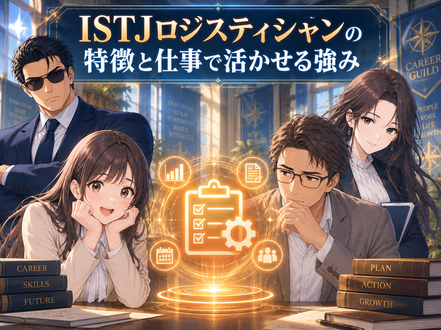 ISTJロジスティシャンの仕事で活かせる強みを解説し、真面目さや正確性、計画性、責任感、コツコツ継続する力と仕事の相性を紹介する画像