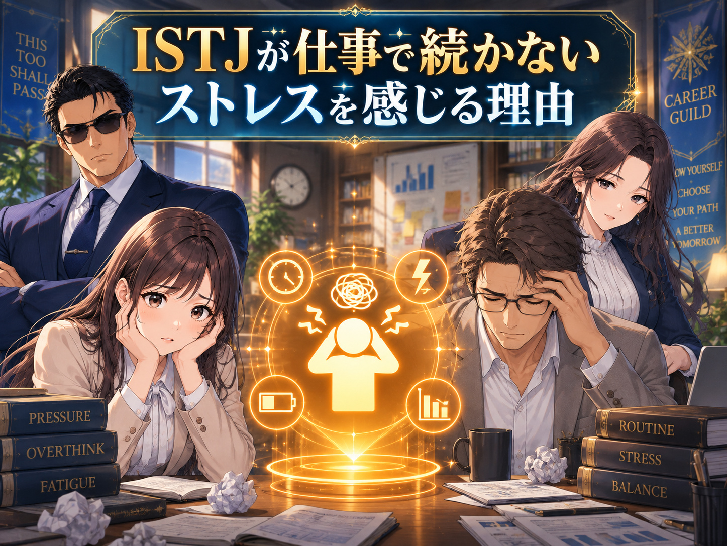 ISTJが仕事で続かない・仕事したくないと感じる理由として、曖昧な指示や急な予定変更、仕事を抱え込みやすい責任感などストレスの原因を解説する画像
