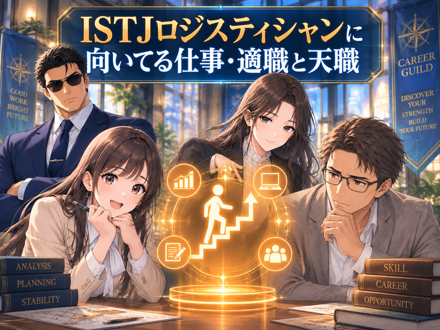 ISTJロジスティシャンに向いてる仕事・適職・天職として、経理や財務、公務員、法務、品質管理、生産管理、IT・技術職など相性のいい職業を紹介する画像
