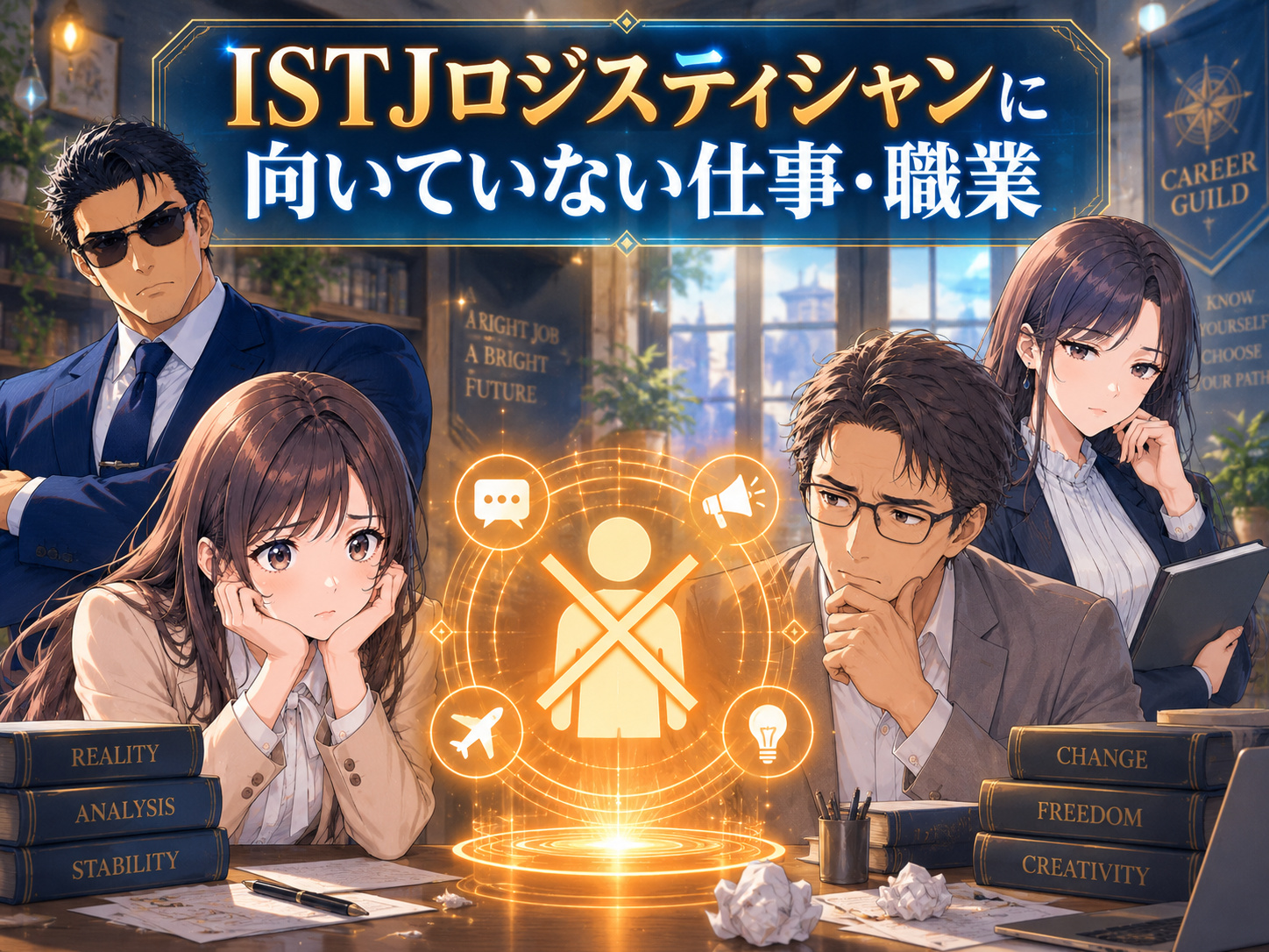 ISTJロジスティシャンに向いていない仕事・苦手な職業として、営業や企画・クリエイティブ、教師、看護師など変化や臨機応変な対応が多い仕事を解説する画像