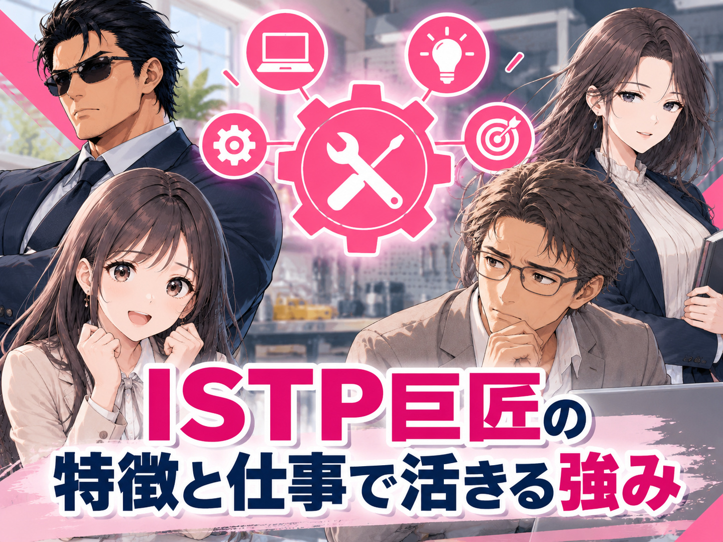 ISTP巨匠の特徴と仕事で活かせる強みを解説し、論理的思考・観察力・分析力・実践力・問題解決能力などISTPの適性を紹介する画像