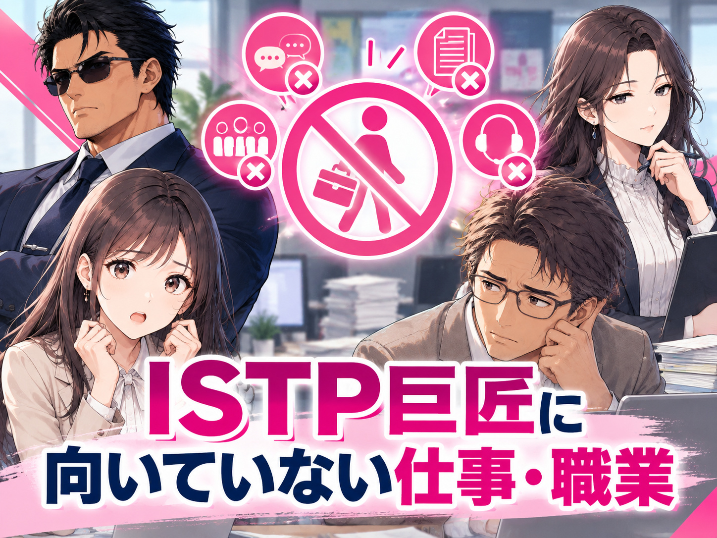 ISTP巨匠に向いていない仕事・職業を紹介し、営業・接客・事務職・管理職などISTPがストレスや働きにくさを感じやすい仕事を解説する画像