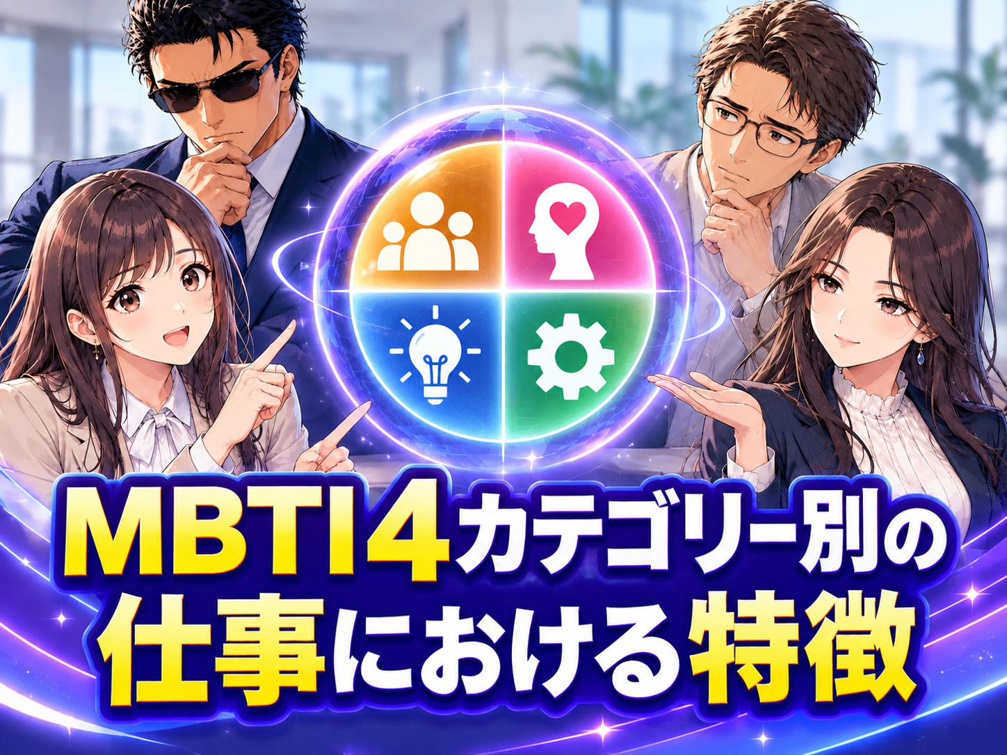 MBTIの分析家・外交官・番人・探検家の4カテゴリー別に、仕事で活かせる強みや特徴、向いてる働き方と適職の傾向を比較したイメージ
