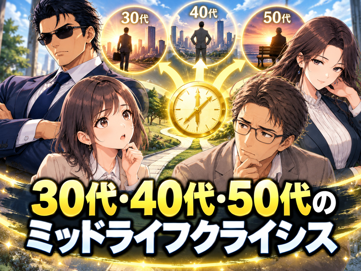 30代・40代・50代のミッドライフクライシスについて、仕事やキャリア、人生への後悔、定年や老後など年代別に異なる不安や悩みを表した画像